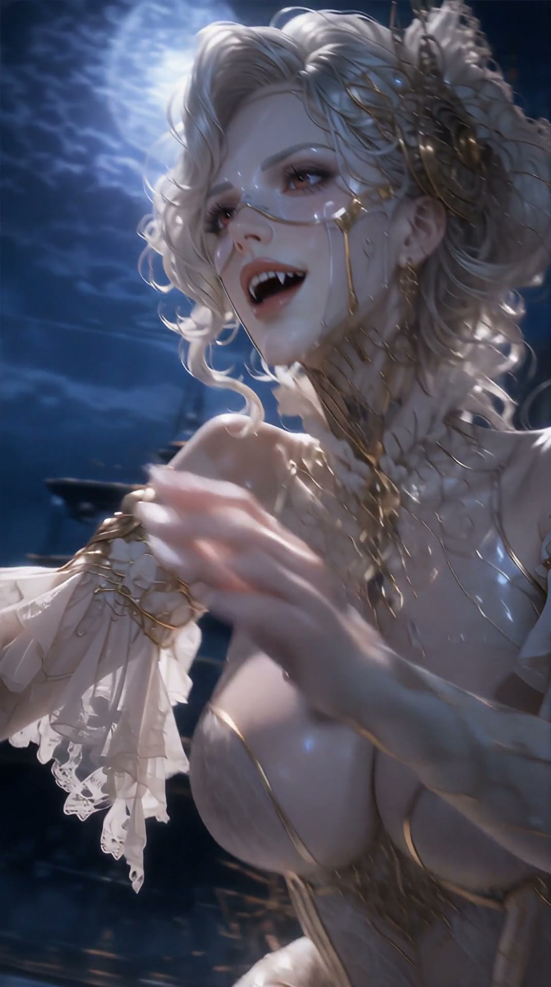 Close-up of elegant curly platinum-haired female vampire with gold detailing, fangs, under a glow...