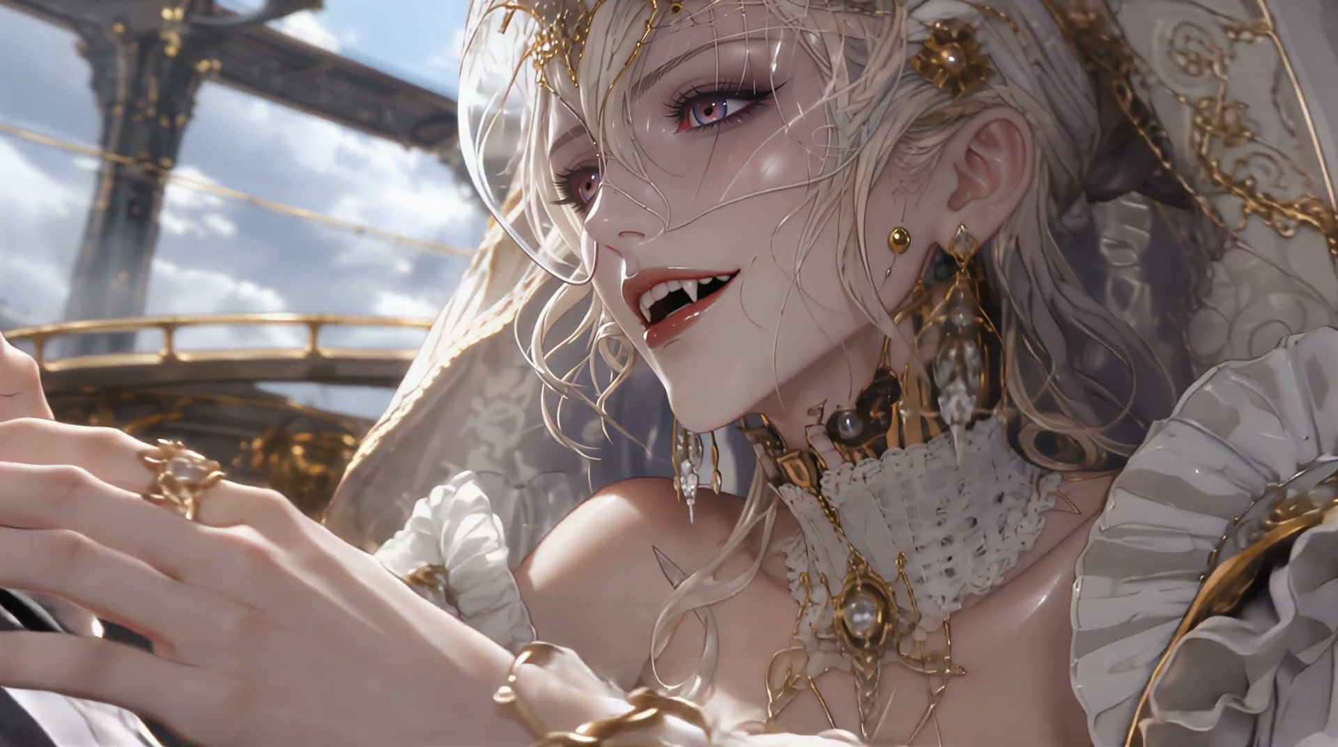 Close-up portrait of regal blonde vampire noblewoman in ornate gold regalia, smirking to show fan...