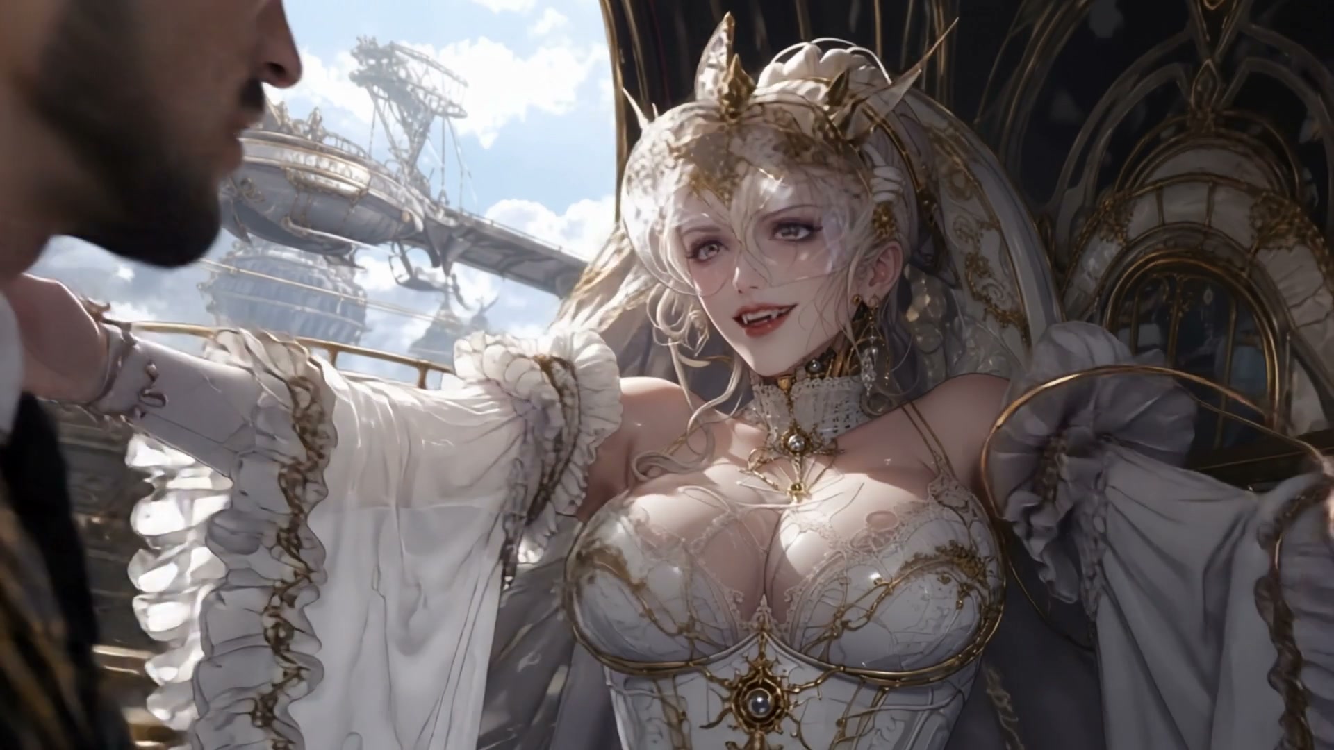 Ornate fantasy vampire noblewoman in white gold gown stands on steampunk airship deck facing a co...