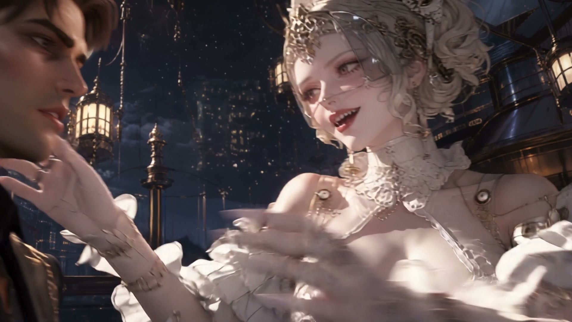 Ornate rococo steampunk woman in white gown smiles while engaging with a male companion aboard a ...