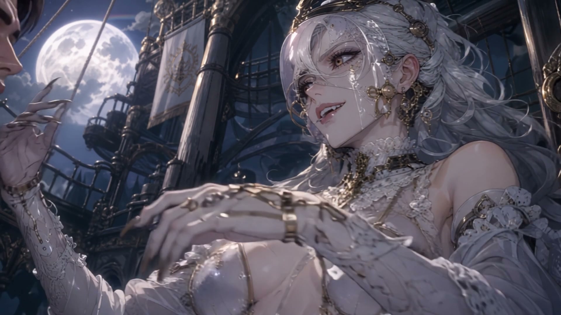 Regal silver-haired fantasy noblewoman on an ornate airship deck under a bright full moon at night