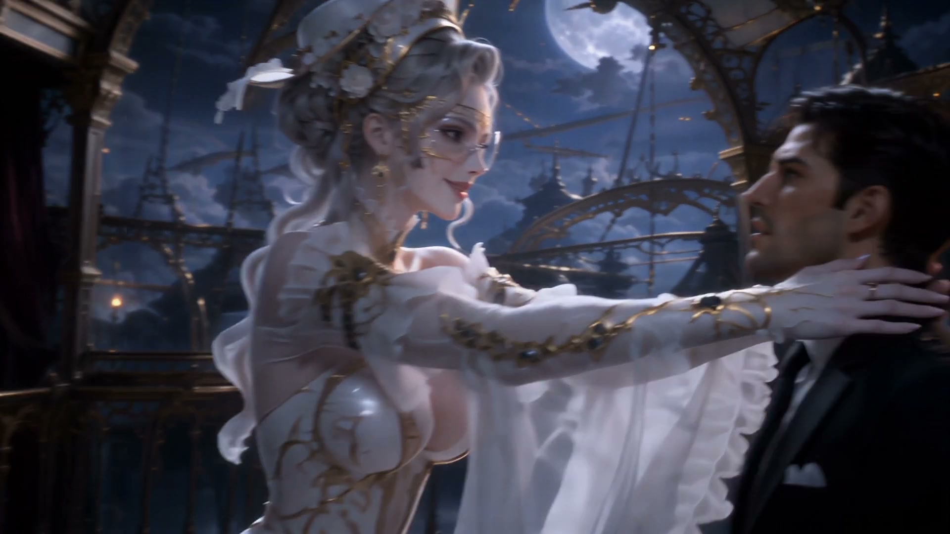 Ornate white-and-gold rococo fantasy woman rests hands on a suited man's neck on a steampunk airs...