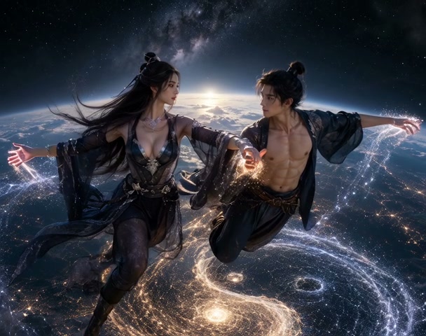 Xianxia fantasy couple floating in orbit above Earth, casting swirling glowing magic under a star...