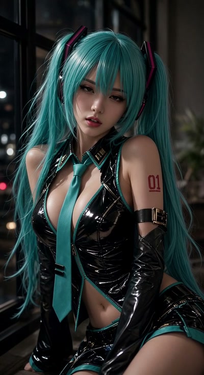 Lifelike Hatsune Miku cosplayer with teal twin tails poses beside a window overlooking a night ci...