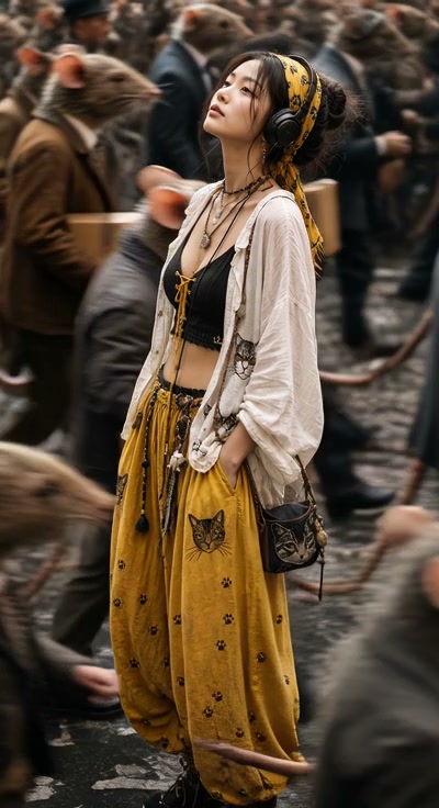 Serene young woman in cat-themed yellow streetwear stands calmly amid a crowd of anthropomorphic ...