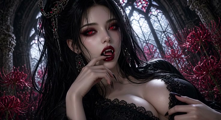 Close-up portrait of a gothic vampire woman with red eyes and fangs, posed in a dark cathedral wi...
