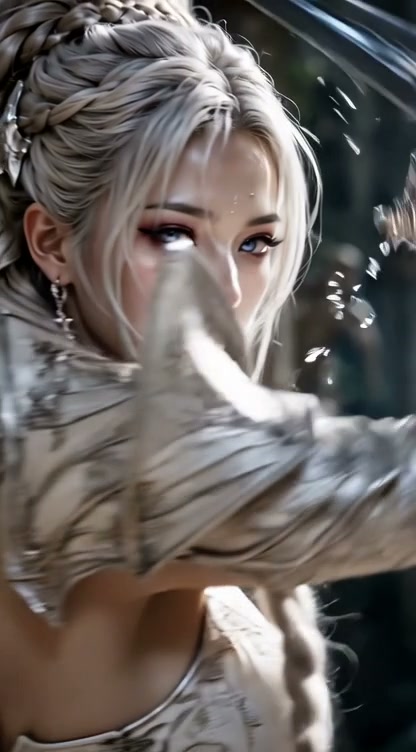 Close-up of ethereal silver-haired fantasy warrior woman mid-sword strike, glinting blade shards ...