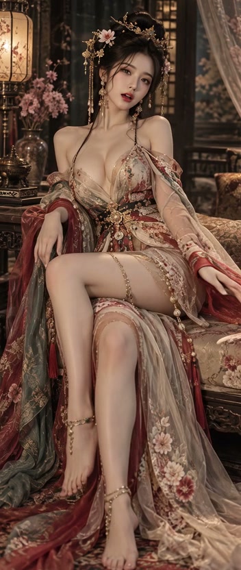 Elegant woman in ornate sheer fantasy hanfu sits in a richly decorated traditional Chinese palace...