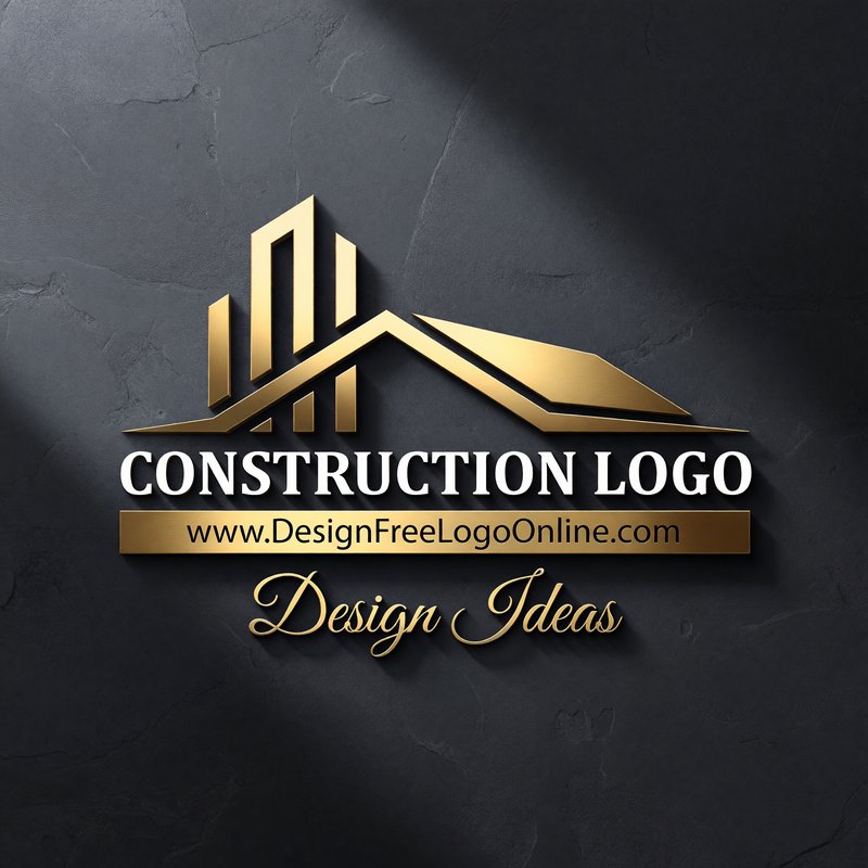 Gold construction logo with stylized buildings and a sloped roof on a dark textured background.