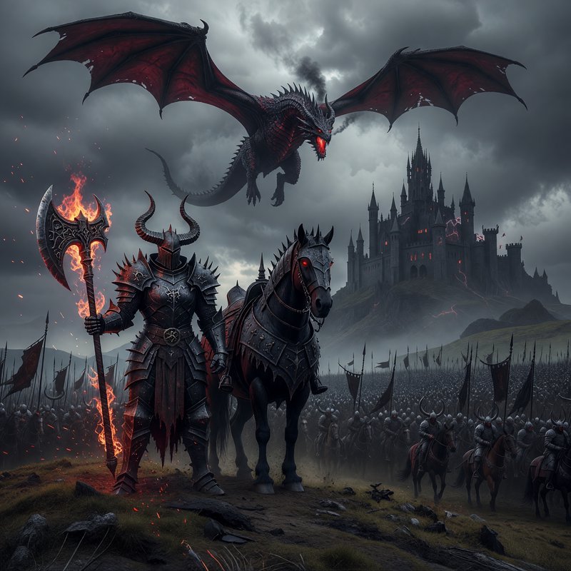 Armored knight on a dark horse with a glowing axe, a red-eyed dragon overhead, and a gothic castl...
