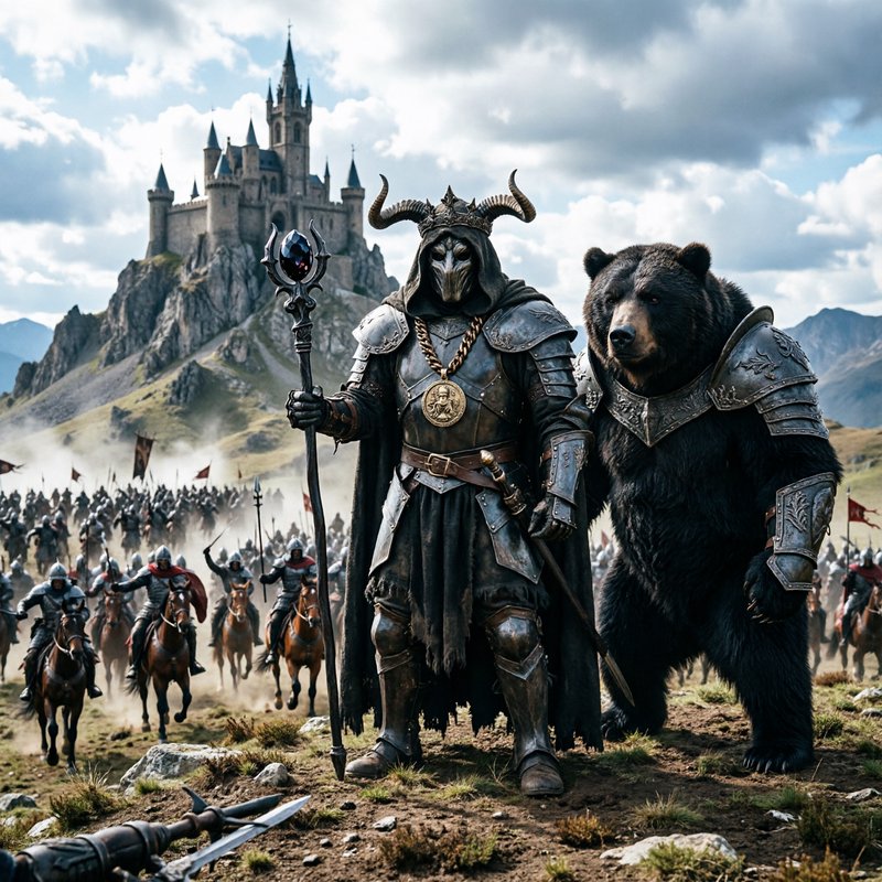 Horned-helmed fantasy warrior with staff and bear ally in front of a castle siege.
