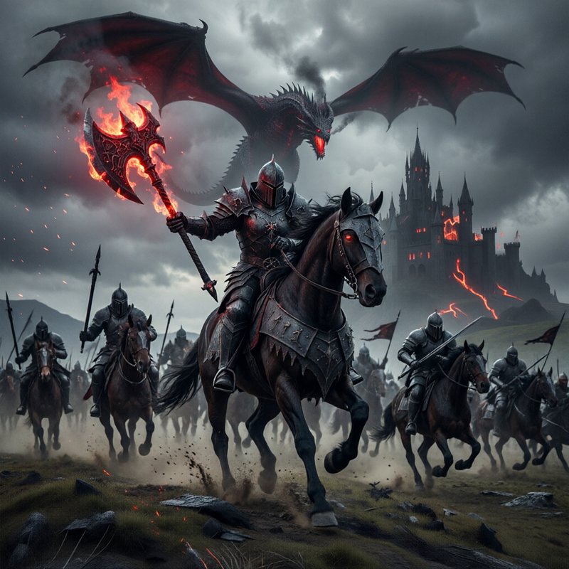 Dark armored knight on a horse leading a fiery dragon into battle near a looming castle.