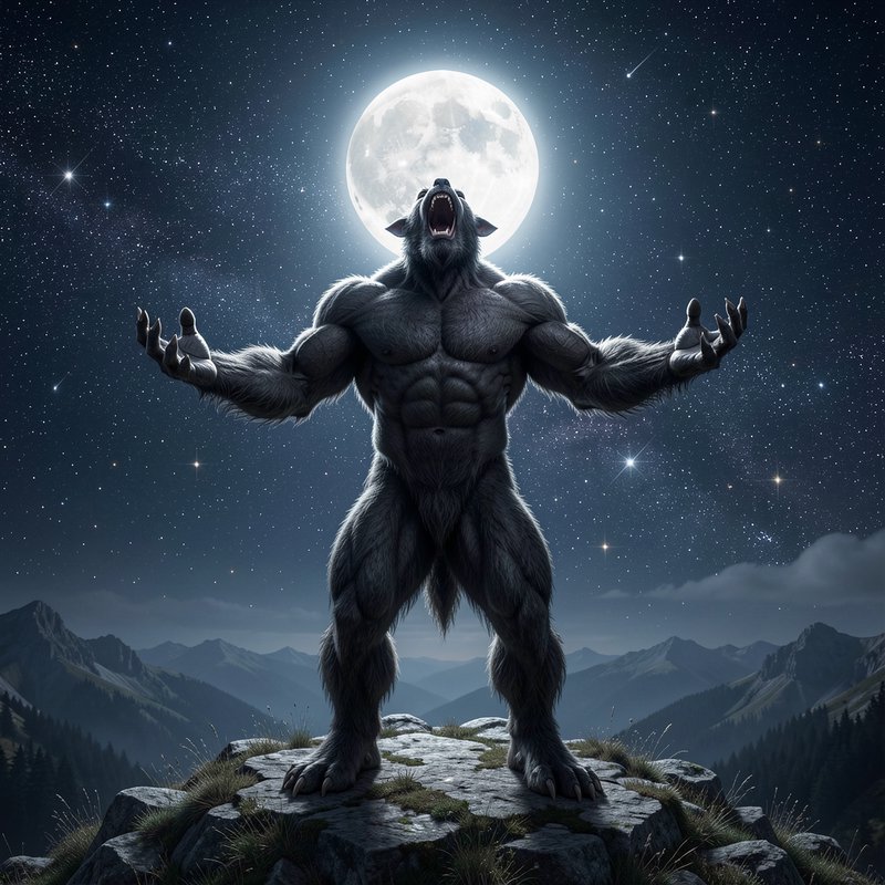 Muscular werewolf howling at a full moon, standing atop a rocky mountain peak under a starry nigh...