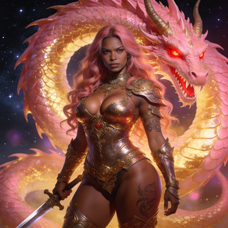 Black female warrior in golden armor holds a sword, with a glowing pink eastern dragon behind her...