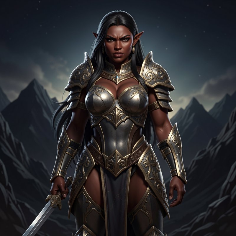 Fierce Black female elf warrior in ornate steel-and-gold armor holds a sword against a misty nigh...