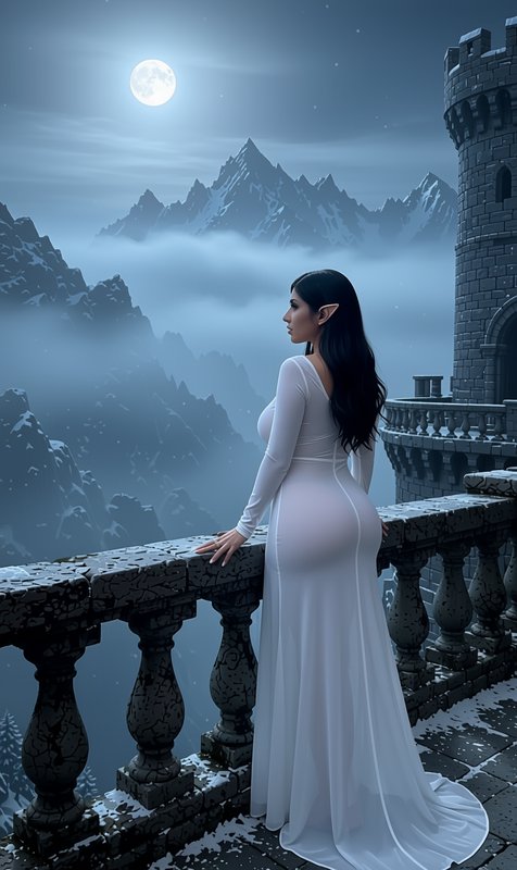 Elven woman in a sheer white gown stands on a snowy castle balcony overlooking misty snow-capped ...
