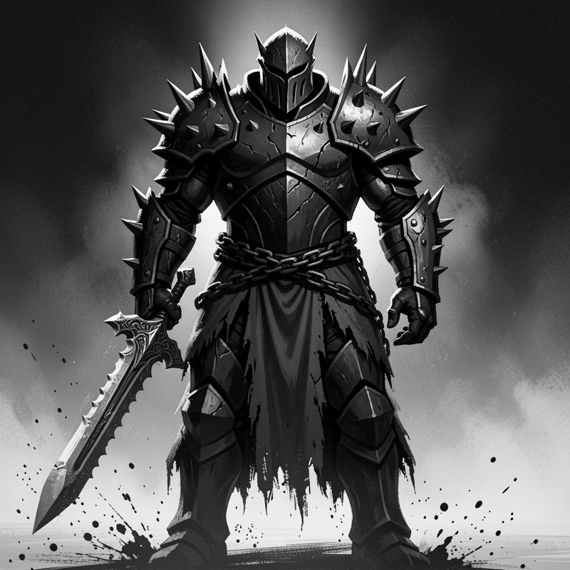 Monochrome fantasy illustration of a towering spiked heavy armored knight holding an ornate jagge...