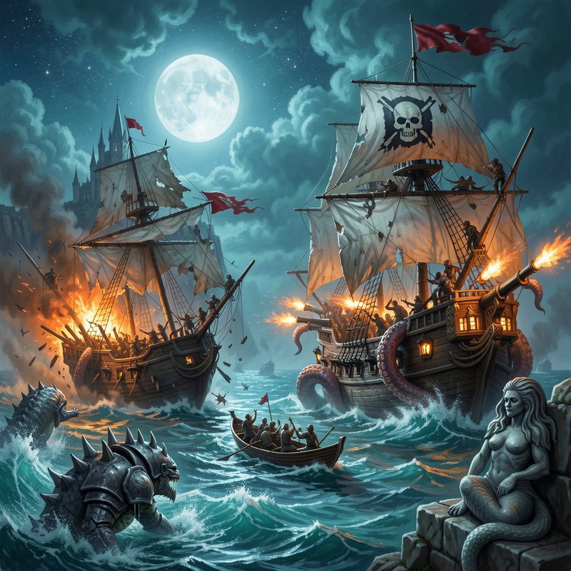 Epic fantasy pirate sea battle under a full moon, featuring galleons, sea monsters, a rowboat, an...