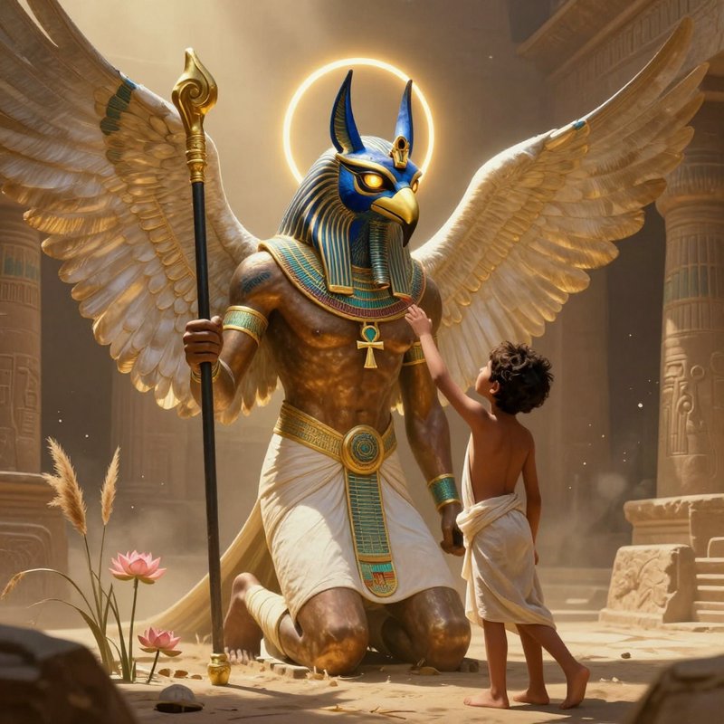 Winged falcon Egyptian god Horus kneels as a young boy reaches to touch him inside a sunlit ancie...