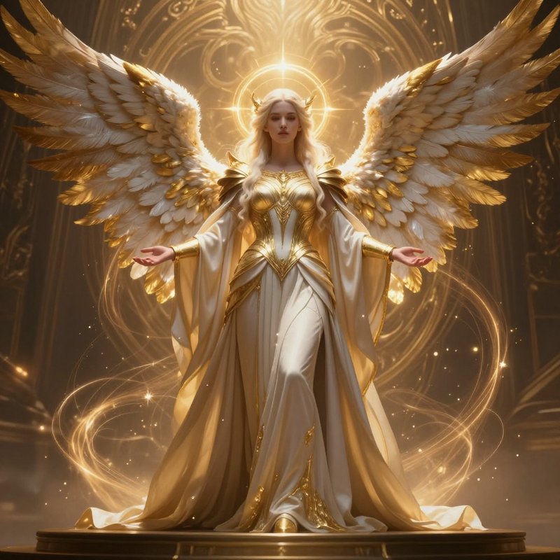 Majestic female archangel with glowing golden halo, layered white and gold wings, stands with out...