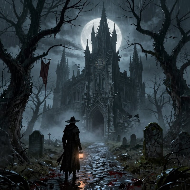 Cloaked lantern-wielding hunter stands before a crumbling gothic cathedral in a misty graveyard u...