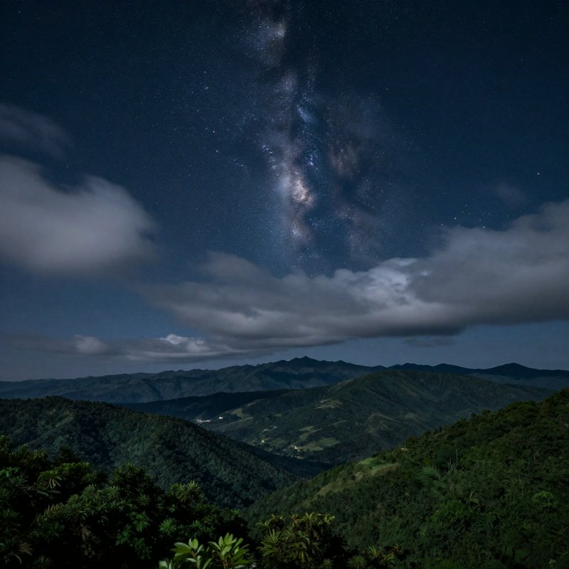 Starry night sky with glowing Milky Way above rolling forested mountain ranges, framed by soft dr...