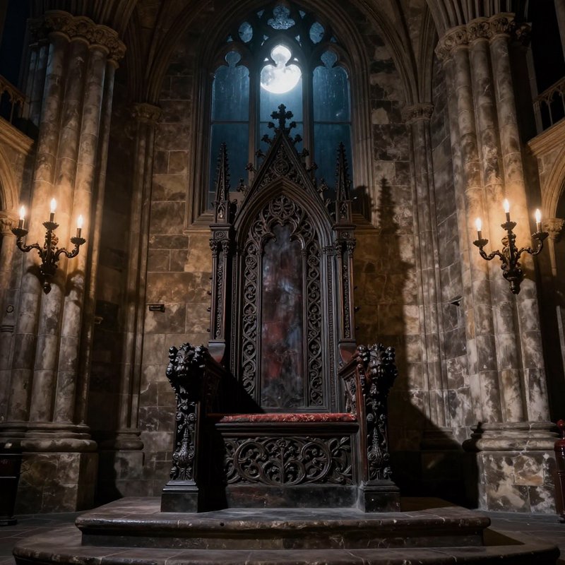 Intricately carved gothic throne on a stone dais, backlit by full moon through a tall cathedral w...