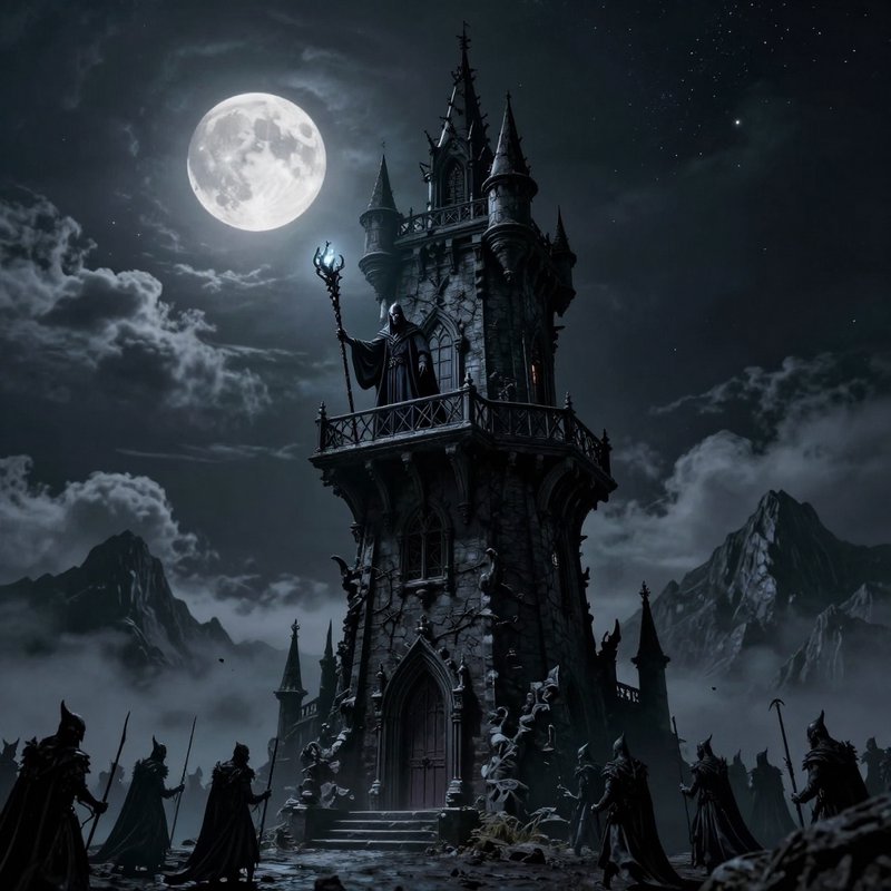 Menacing hooded dark sorcerer stands on a gothic tower holding a glowing staff, as shadowy soldie...