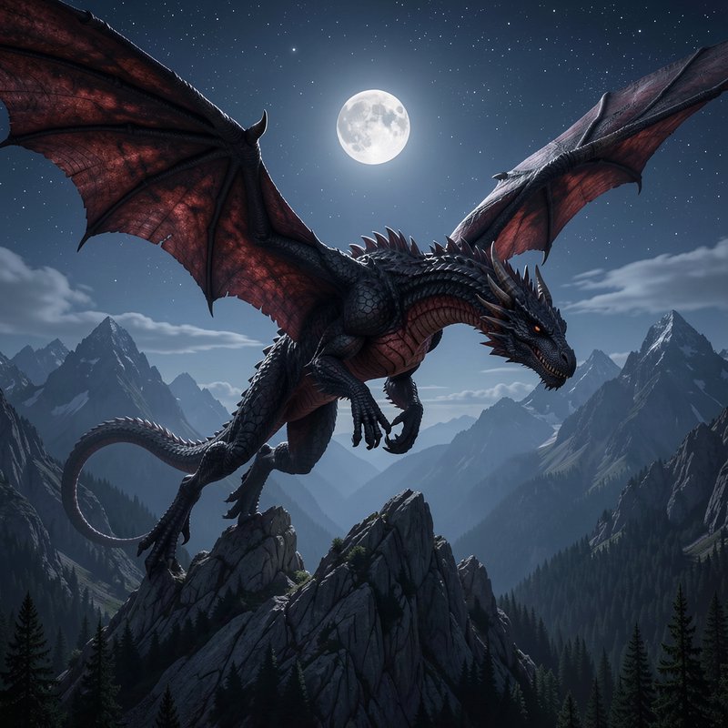 Menacing black scaled dragon with outstretched red wings perched on a jagged mountain peak beneat...