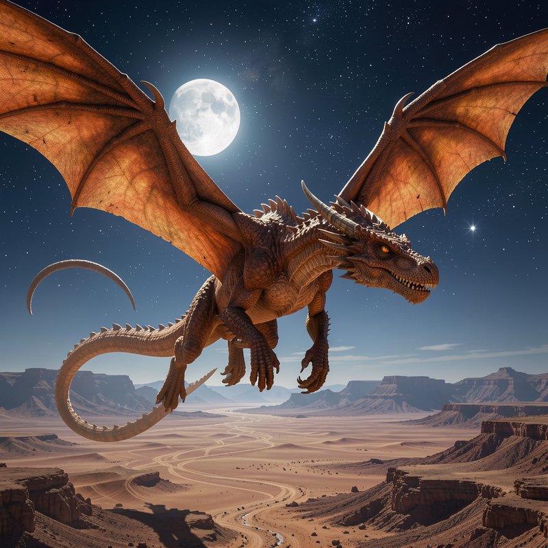 Scaly brown fantasy dragon gliding over a desert canyon beneath a bright full moon and starry nig...