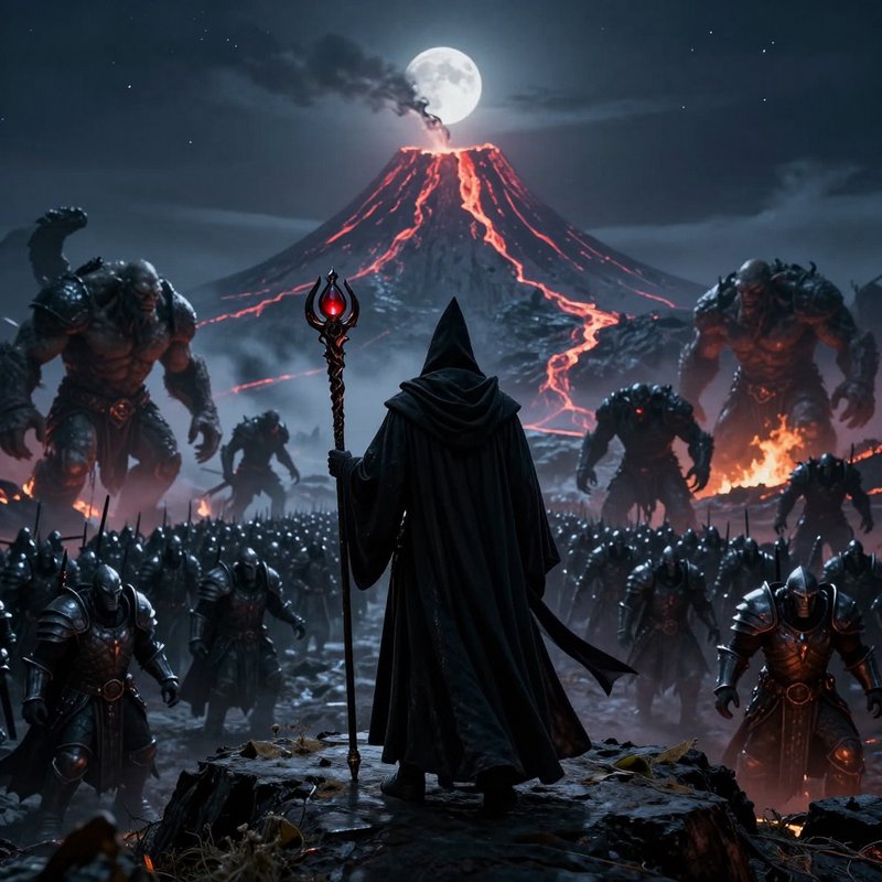 Hooded dark wizard with a gemmed staff stands before a monstrous army, with an erupting volcano u...