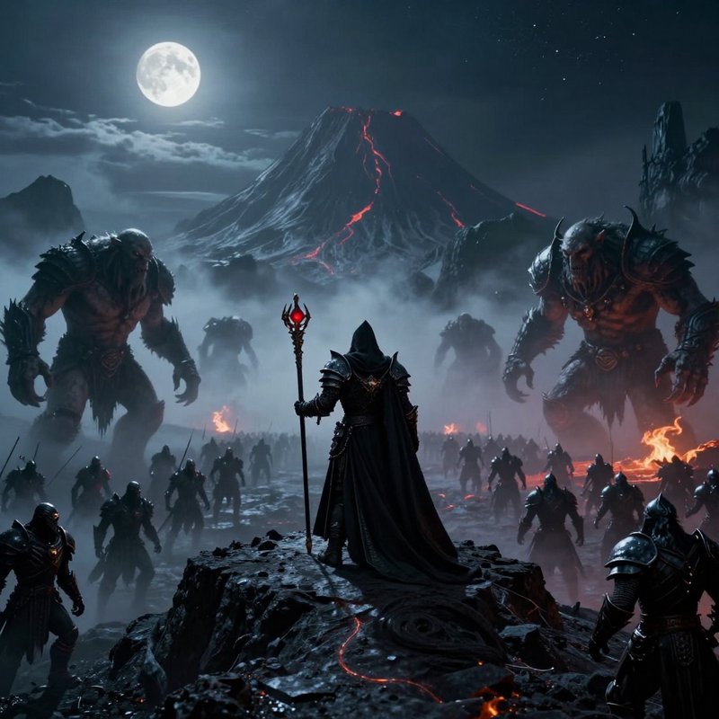 Hooded dark sorcerer holding a red gem staff leads an orc and demon army on a misty volcanic batt...