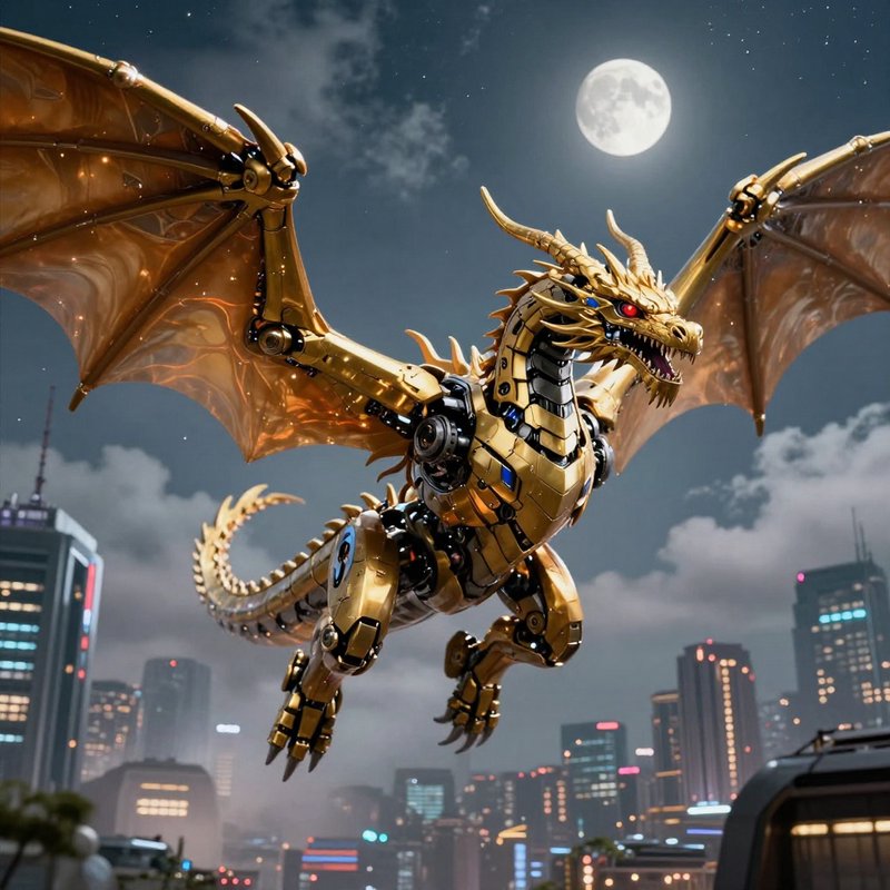 Golden mechanical cyber dragon soaring above a lit modern city skyline beneath a bright full moon...
