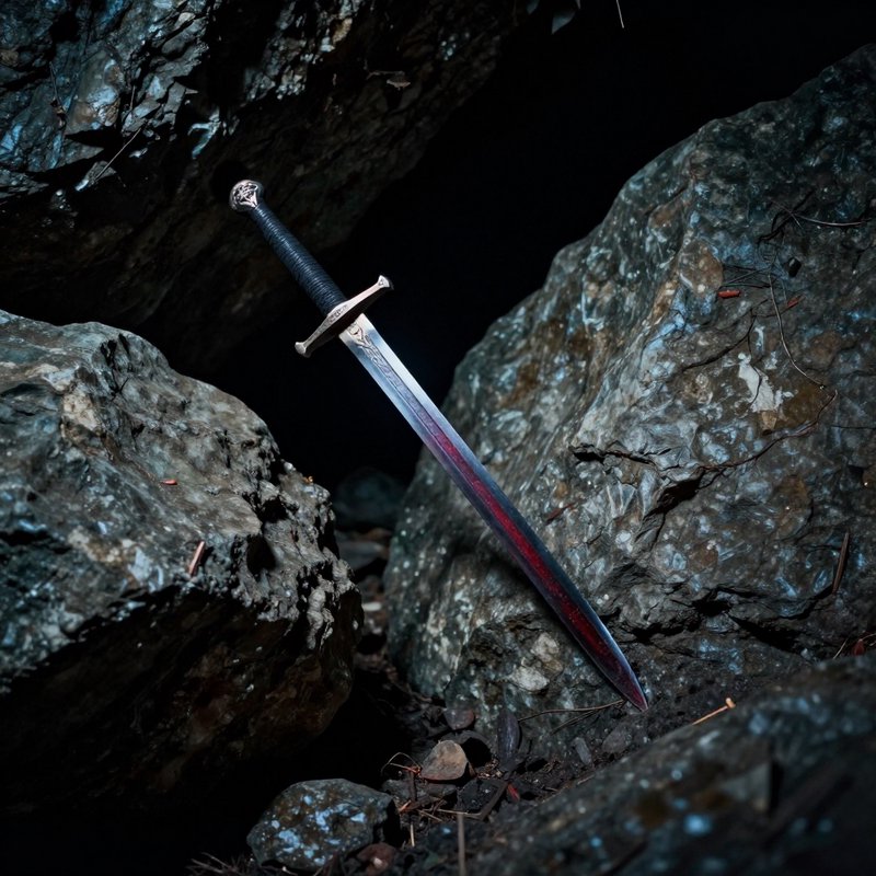 Ornate medieval longsword with red tinted blade wedged between rough dark boulders at a shadowy c...