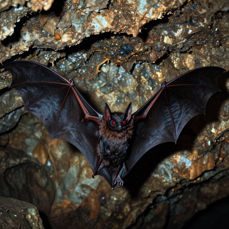 Dark furred bat with bright red eyes holds fully spread leathery wings, suspended against a rough...