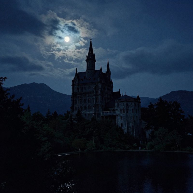 Gothic stone castle silhouetted against a full moon cloudy night sky, overlooking a forested lake...