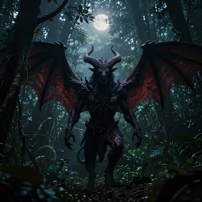 Menacing horned winged demon with glowing red eyes stands with spread wings in a misty full moon ...