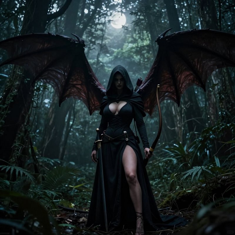 Hooded winged dark fantasy female warrior holds a sword and bow, standing in a misty moonlit forest.