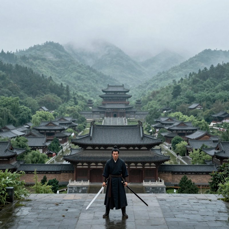 Warrior in dark traditional robes holding swords stands overlooking a misty ancient East Asian te...
