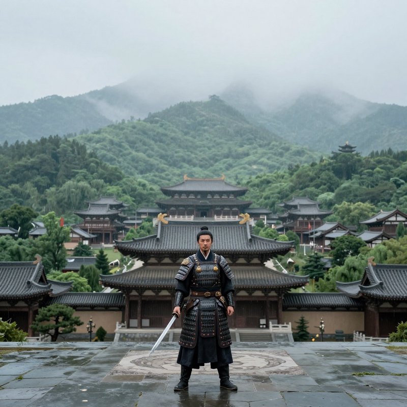 Stoic armored ancient East Asian warrior with a sword stands before a traditional palace complex ...