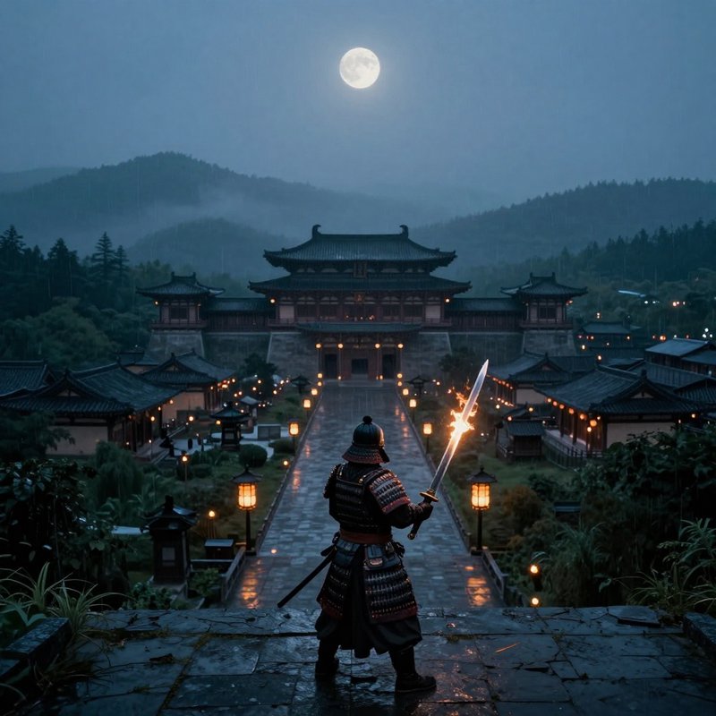 Armored samurai with glowing sword stands overlooking traditional Japanese castle under a full mo...