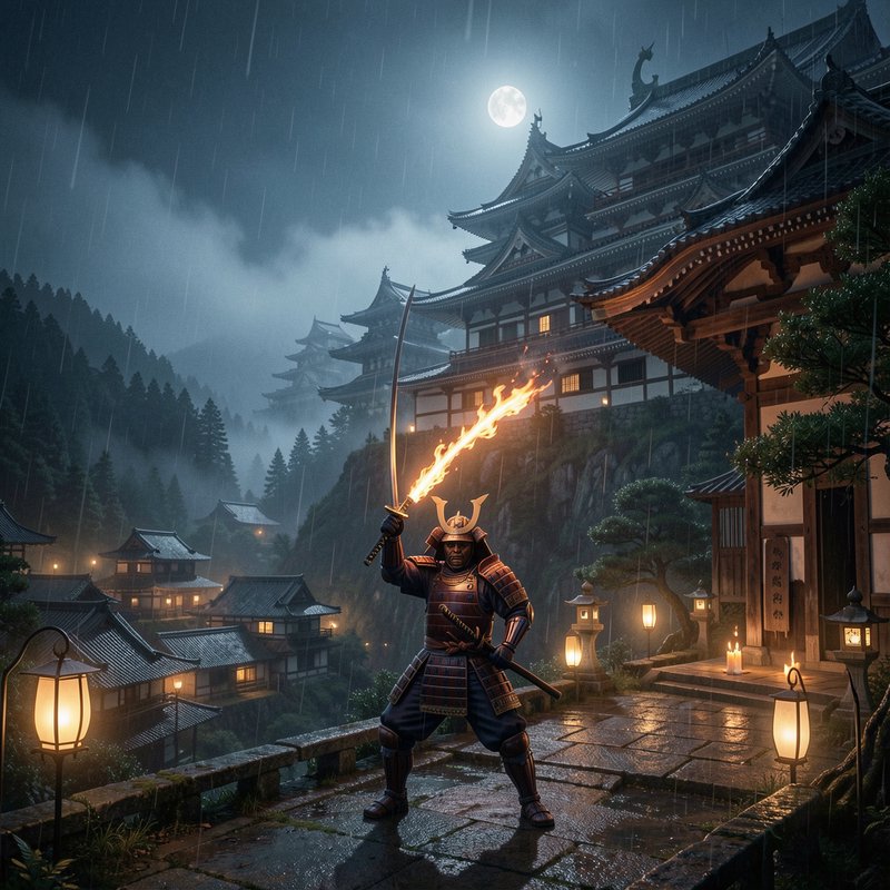 Armored samurai holds a flaming katana aloft on a rainy full moon night outside a traditional Jap...