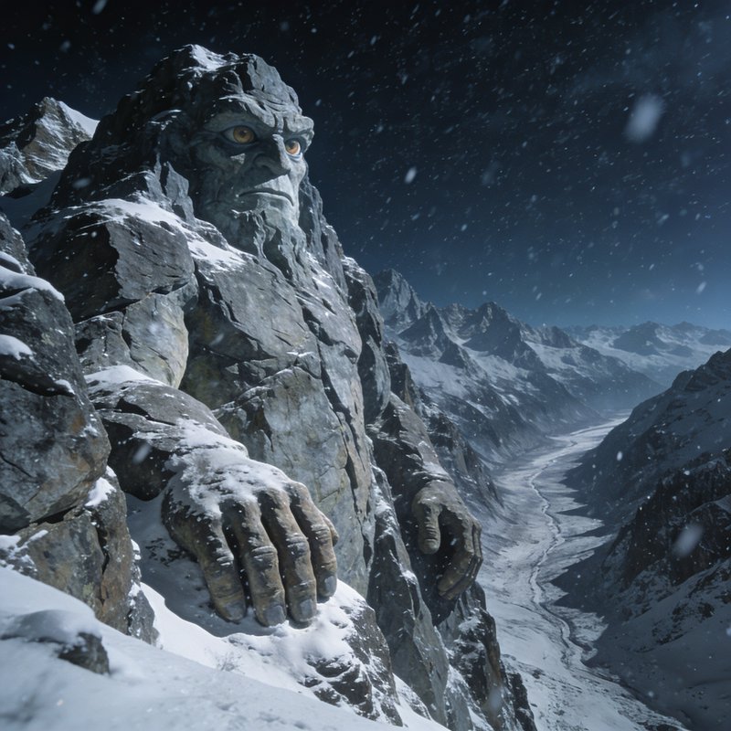Colossal living stone giant emerging from a snow-covered mountain cliff as snow falls over a froz...