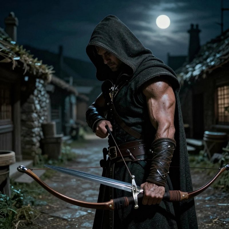 Hooded fantasy rogue warrior holds a sword-loaded crossbow while standing in a moonlit medieval v...