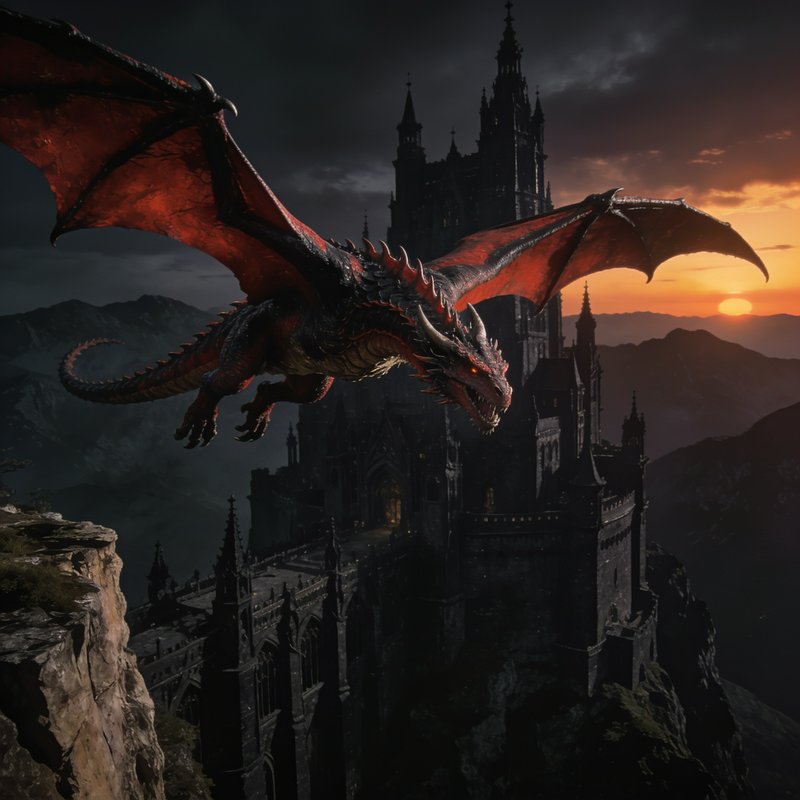 Menacing black and red horned dragon flies in front of a towering gothic cliffside castle at sunset.