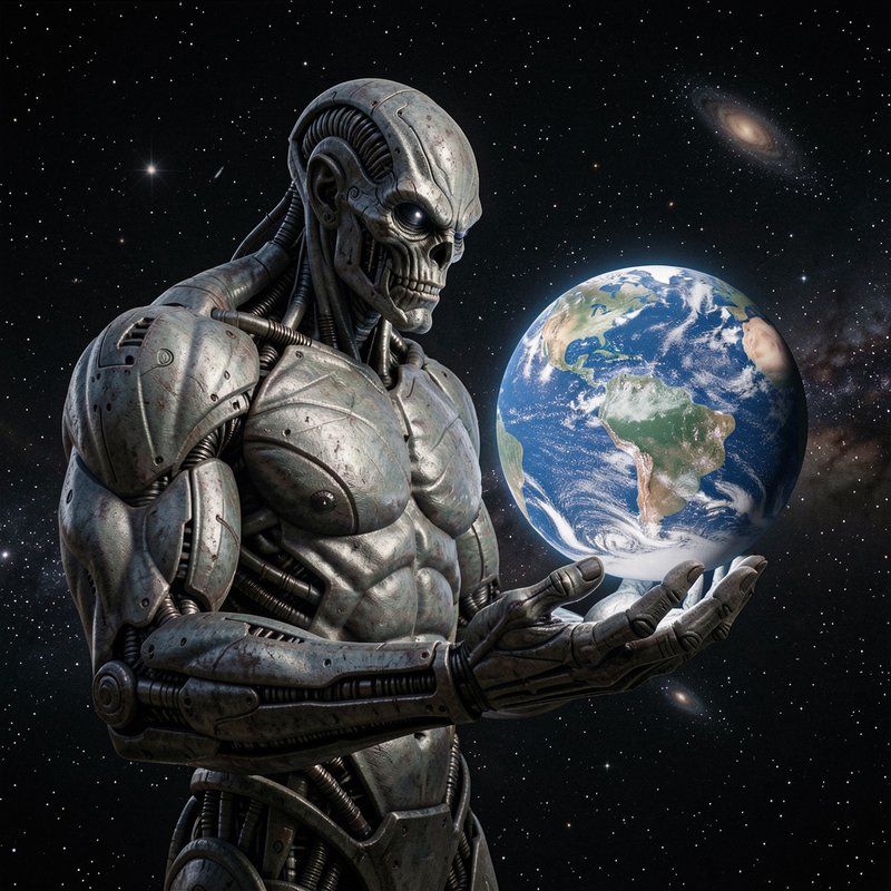 [Weathered skeletal humanoid robot cradles planet Earth in its outstretched palm against a starry deep space backdrop.]