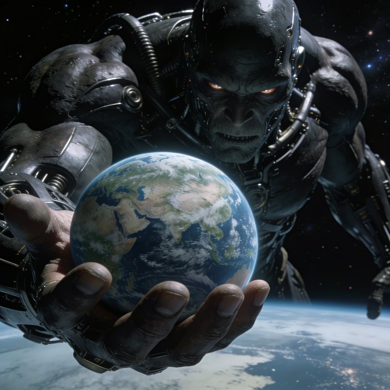 Menacing cybernetic giant humanoid holds a miniature replica of planet Earth in its palm in deep ...