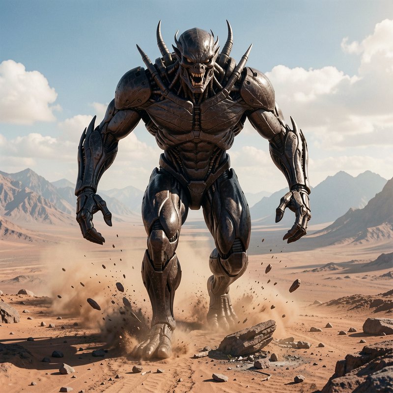 [Menacing dark armored biomechanical alien monster stomps across rocky desert kicking up sand, mountain sky backdrop]