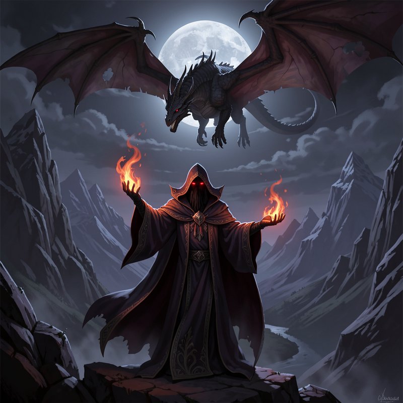 Hooded dark warlock conjuring fire magic stands on a mountain peak as a black dragon hovers benea...