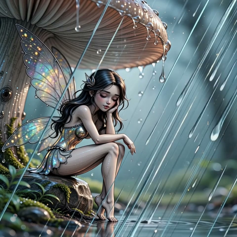 Sleeping fairy with glowing iridescent wings shelters under a giant toadstool from falling rain i...